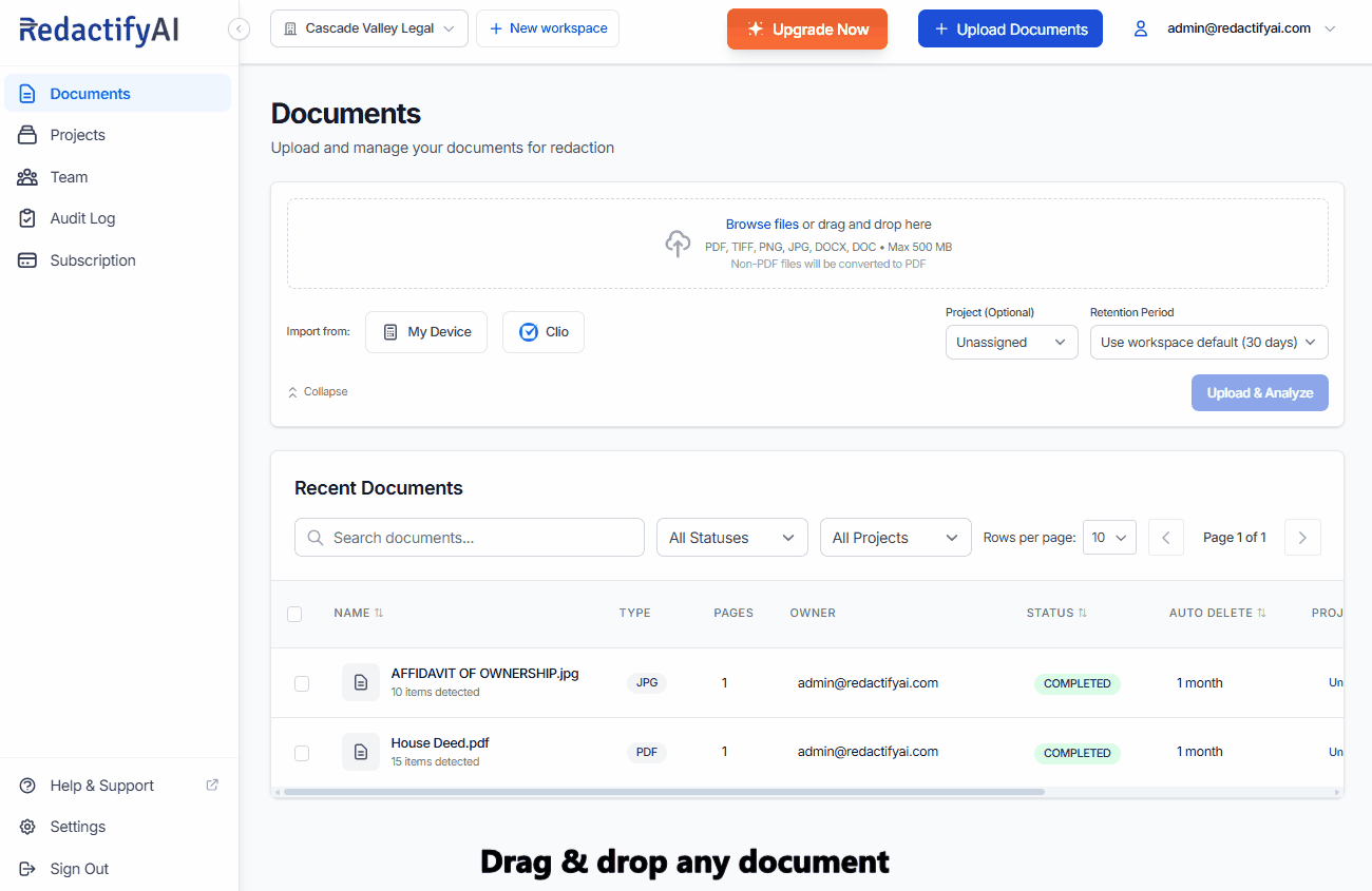 RedactifyAI demo — upload a document, AI detects all sensitive data, permanently redacted in one click